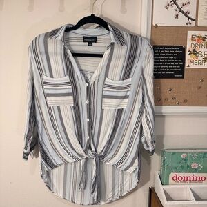 Fortune + Ivy Striped Tie-Front Button-Up Blouse - Size Small